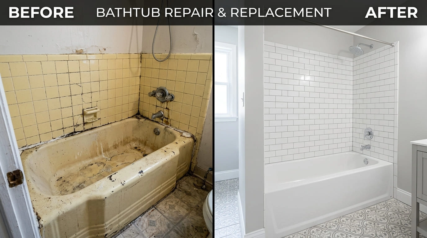 Bathtub Repair Replacement Before and After Old Pasa Plumbers Pasadena CA Disruption-Free Plumbing