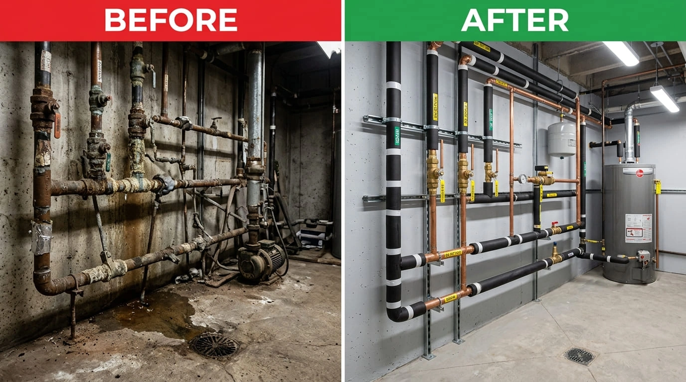 Commercial Pipe Repiping Replacement Before and After Old Pasa Plumbers Pasadena CA Code Compliance
