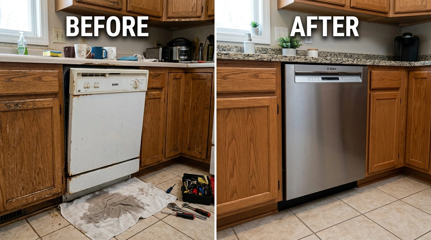 Dishwasher Repair Replacement Before and After Old Pasa Plumbers Pasadena CA