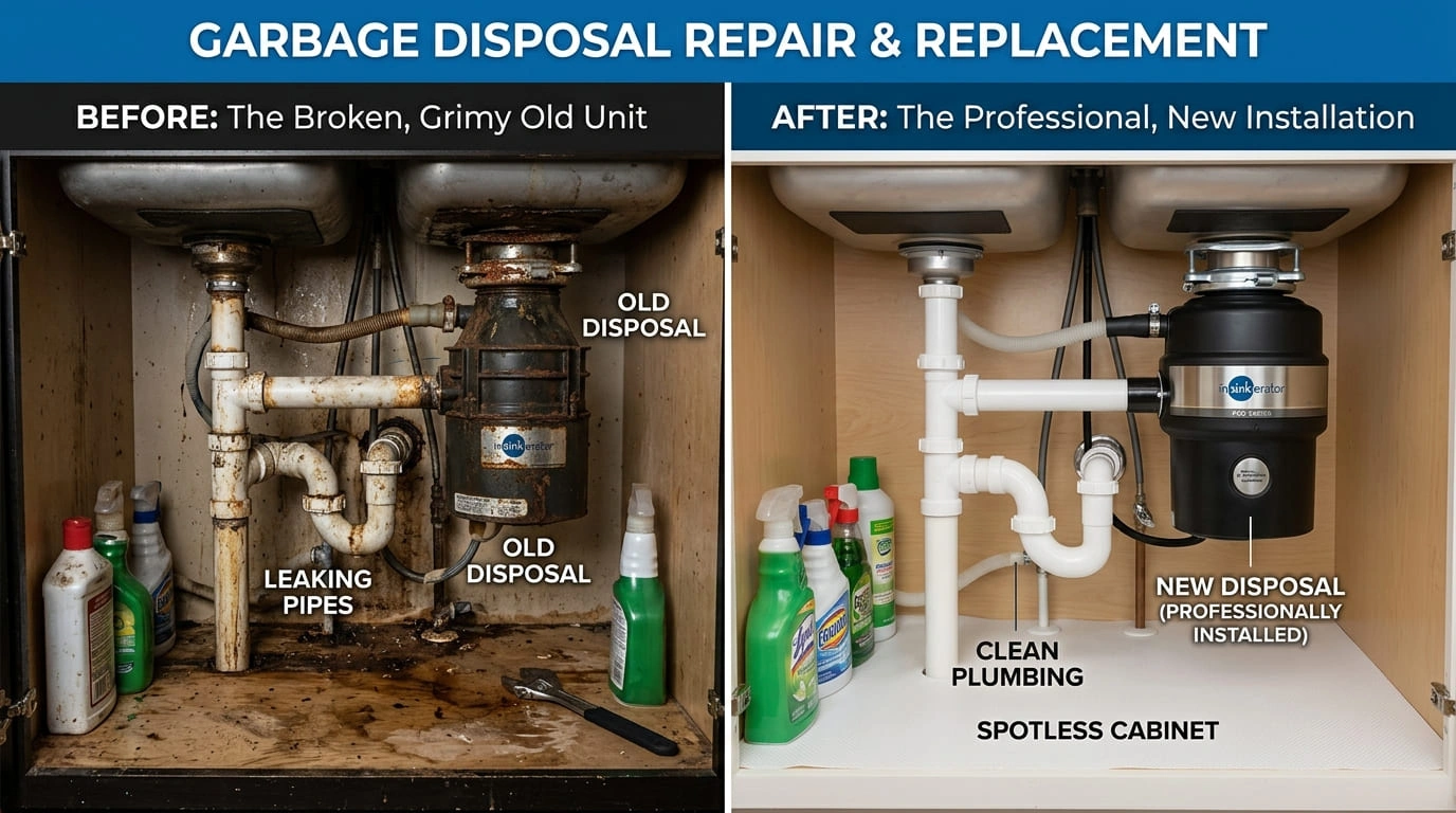 Garbage Disposal Repair Replacement Before and After Old Pasa Plumbers Pasadena CA