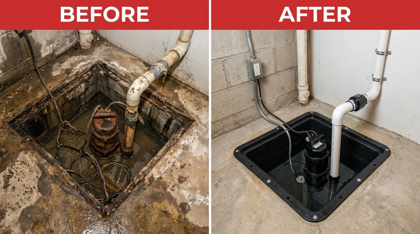 Sump Pump Repair & Replacement Before and After Old Pasa Plumbers Pasadena CA