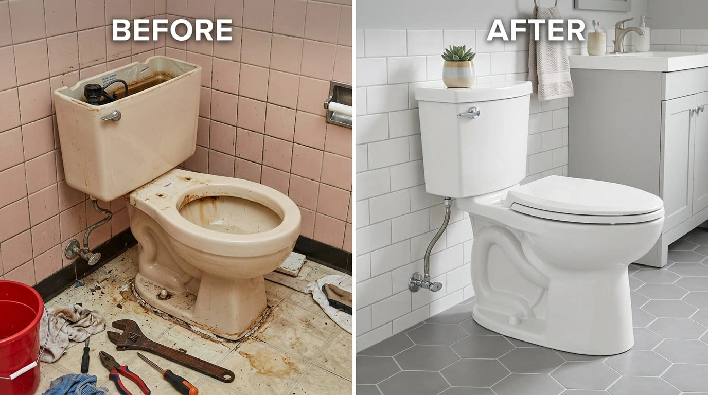 Toilet Repair Replacement Before and After Old Pasa Plumbers Pasadena CA