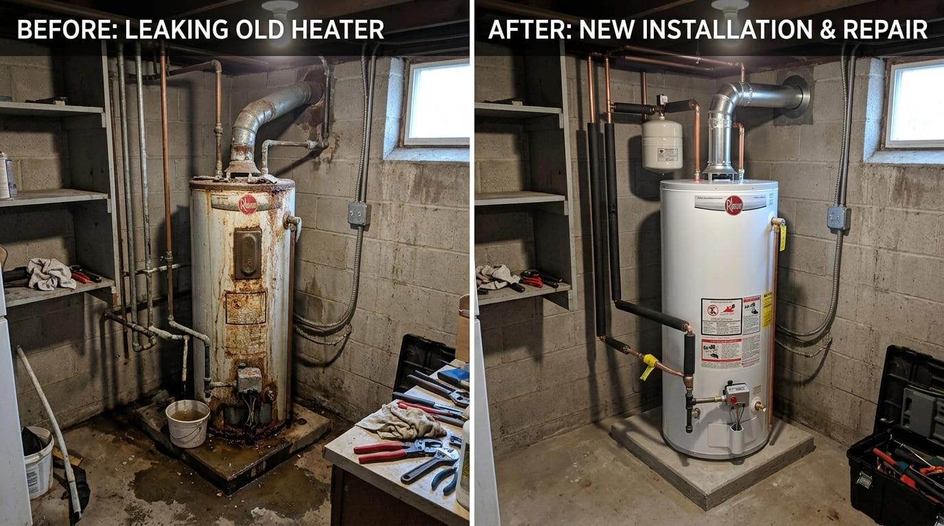 Water Heater Replacement Repair Before and After Old Pasa Plumbers Pasadena CA
