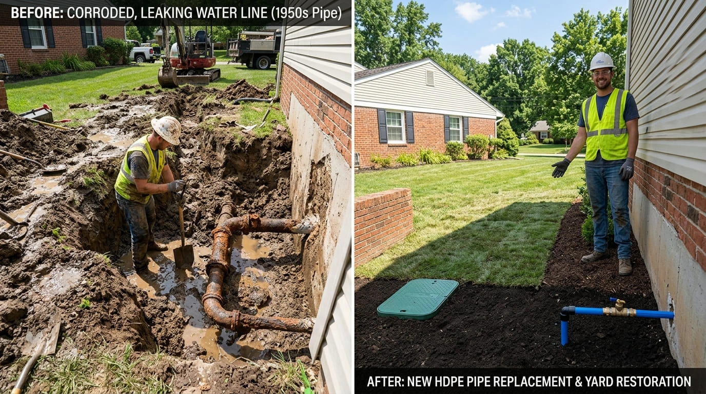Water Line Replacement Yard Restoration Before and After Old Pasa Plumbers Pasadena CA